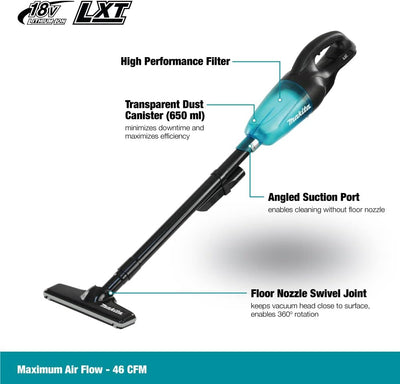 MAKITA Cordless Battery Stick Vacuum DCL180ZB 18V LXT, Black/Clear Teal (Tool Only) - Super Vacs Vacuums