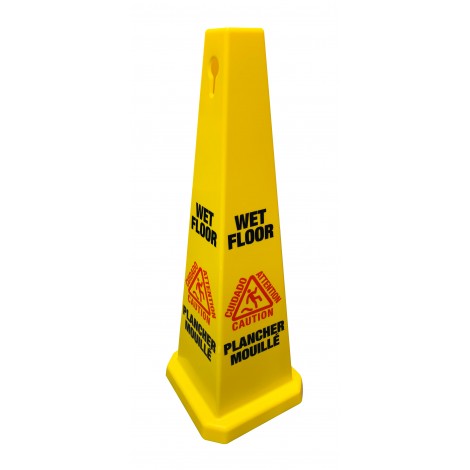 Bilingual Cone Shaped Floor Sign 36'' "CAUTION WET FLOOR" - 4-Sided Imprint - Yellow - Height (91.4 cm) - Super Vacs Vacuums