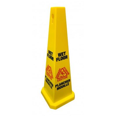 Bilingual Cone Shaped Floor Sign 36'' "CAUTION WET FLOOR" - 4-Sided Imprint - Yellow - Height (91.4 cm) - Super Vacs Vacuums