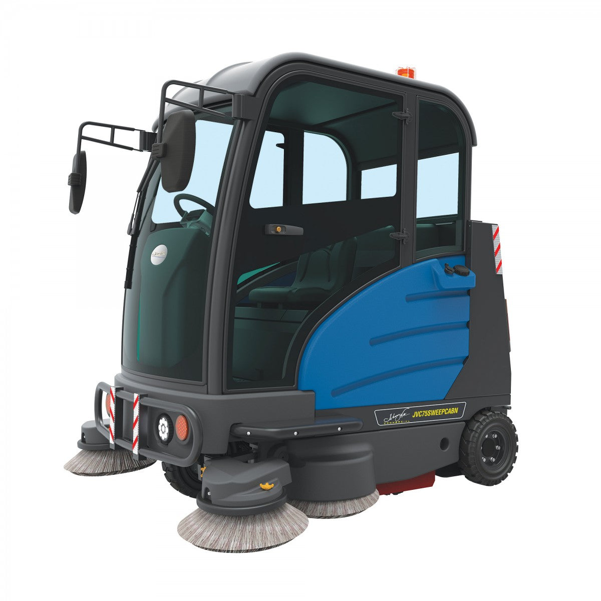 Industrial Ride-On Sweeper Machine JVC75SWEEPN from Johnny Vac - 74 1/4" (1886 mm) Cleaning Path - Cabine - Battery & Charger Included - Super Vacs Vacuums