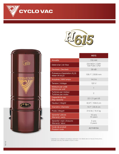 Cyclovac H615 Canister - Hybrid - Up to 5000 Sq Ft - Super Vacs Vacuums