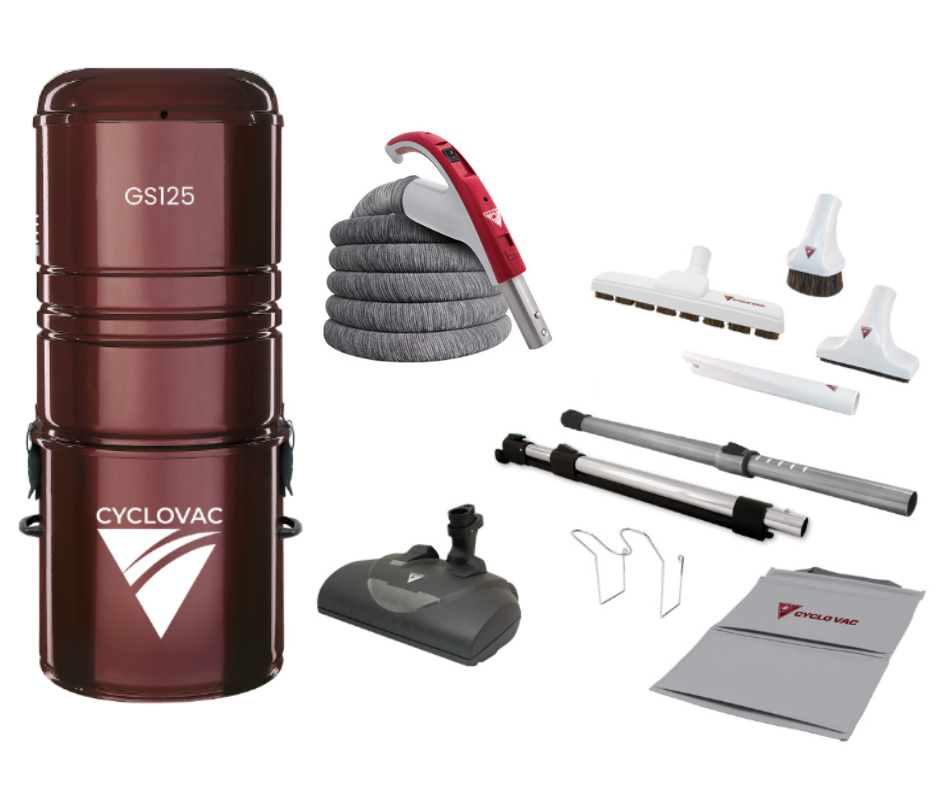 Cyclovac GS125 Canister With Bag including Premium Electric Accessories Kit with Robust with light (EBK360) (30Ft,35Ft Hose) - Super Vacs Vacuums