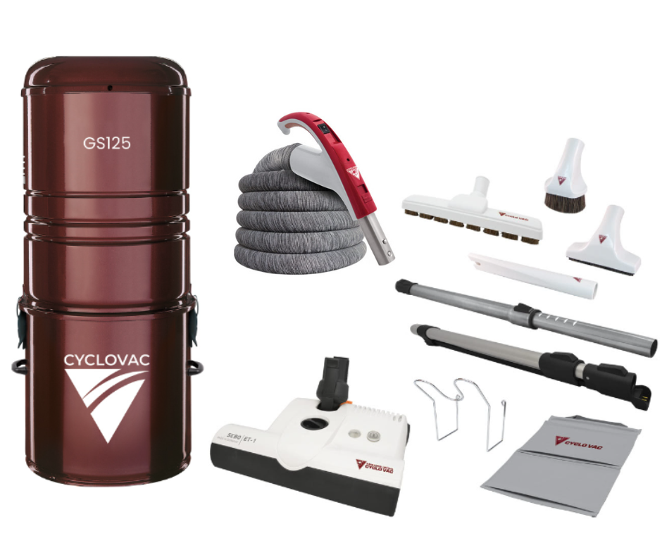 Cyclovac GS125 Canister With Bag including Electrical Accessory Kit with Sebo ET-1 (30Ft,35Ft Hose) - Super Vacs Vacuums