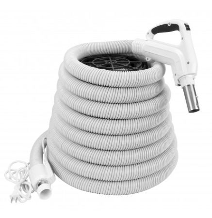 Electric Hose for Central Vacuum - 30' (9 m) - Ergonomic Handle with Foam Grip and 360° Swivel - Grey - Power Nozzle Compatible - On/Off Button - Button Lock - Super Vacs Vacuums