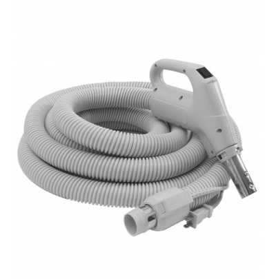Electric Hose for Central Vacuum - 30' (9 m) - 1 1/4" (32 mm) dia - Grey - Gas Pump Handle - On/Off Button - Power Nozzle Compatible - Button Lock - Plastiflex SZ130114030BCU - Super Vacs Vacuums