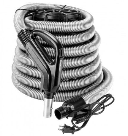 Electrical Hose for Central Vacuum - 30' (9 m) - 1 3/8" (35 mm) dia - Silver - Ergonomic Handle with Foam Grip and 360° Swivel - On/Off Button - Power Nozzle Compatible - Button Lock - Super Vacs Vacuums