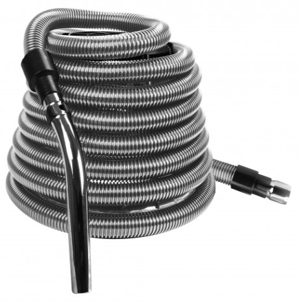 Hose for Central Vacuum - 30' (9 m) - Silver - Straight Handle - Button Lock - Flexible - Strong - Super Vacs Vacuums
