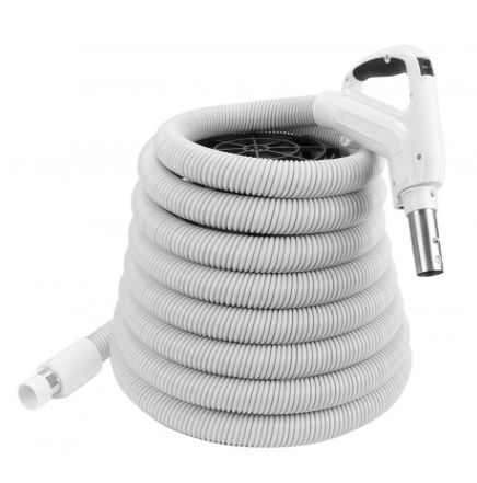 Hose for Central Vacuum - 30' (9 m) - 1 3/8" (35 mm) dia - Ergonomic Handle with Foam Grip and 360° Swivel - Grey - Button Lock - On/Off Button - Super Vacs Vacuums