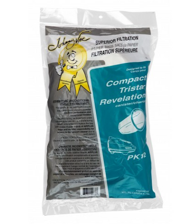 Paper Vacuum Bag for Compact, Tristar and Revelation Canister Vacuum Cleaner - Pack of 12 Bags - Envirocare 738JV - Super Vacs Vacuums