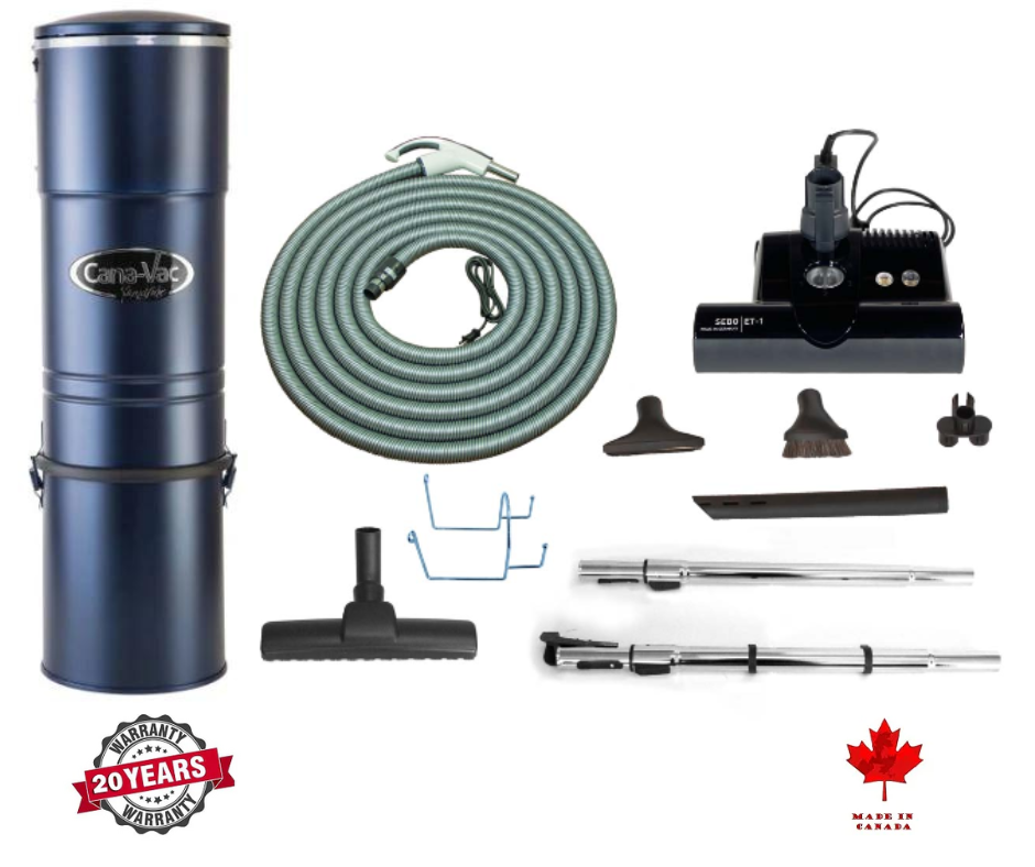 Canavac LS590 with SEBO Standard Central Vacuum Kit with ET-1F2 12" Power Head Designed for Hard Floors and Low-High Pile Carpeting (30Ft, 35Ft Hose) - Super Vacs Vacuums