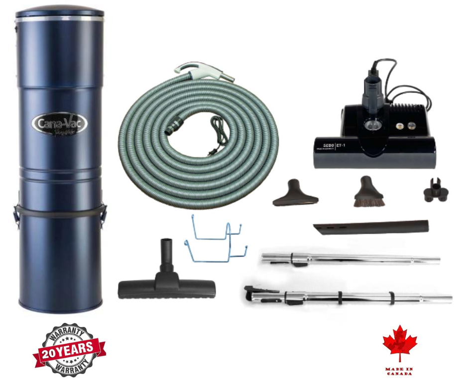 Canavac Condo LS490 with SEBO Standard Central Vacuum Kit with ET-1F2 12" Power Head Designed for Hard Floors and Low-High Pile Carpeting (30Ft, 35Ft Hose) - Super Vacs Vacuums