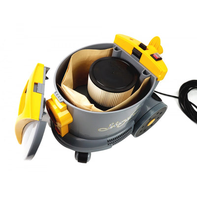 Commercial Canister Vacuum AS6 - Johnny Vac - Heavy Duty - On-Board Tools - Paper Bag - Grey & Yellow - Super Vacs