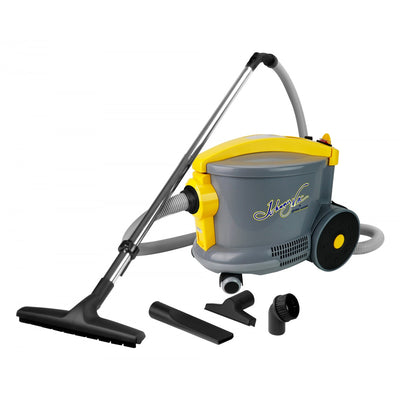 Commercial Canister Vacuum AS6 - Johnny Vac - Heavy Duty - On-Board Tools - Paper Bag - Grey & Yellow - Super Vacs