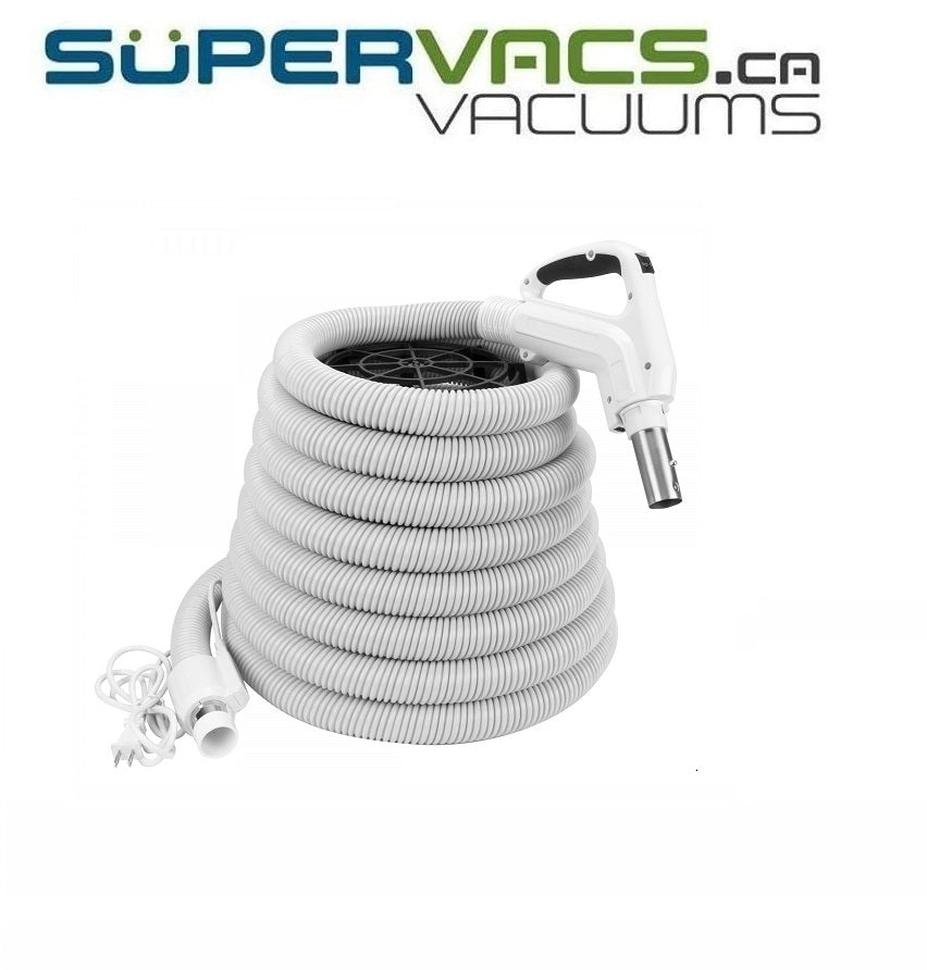 Universal Electric Hose for Central Vacuum - Ergonomic Handle with Foam Grip and 360° Swivel - Power Nozzle Compatible - On/Off Button - Button Lock - Super Vacs