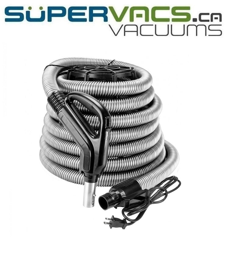 Universal Electric Hose for Central Vacuum - Ergonomic Handle with Foam Grip and 360° Swivel - Power Nozzle Compatible - On/Off Button - Button Lock - Super Vacs