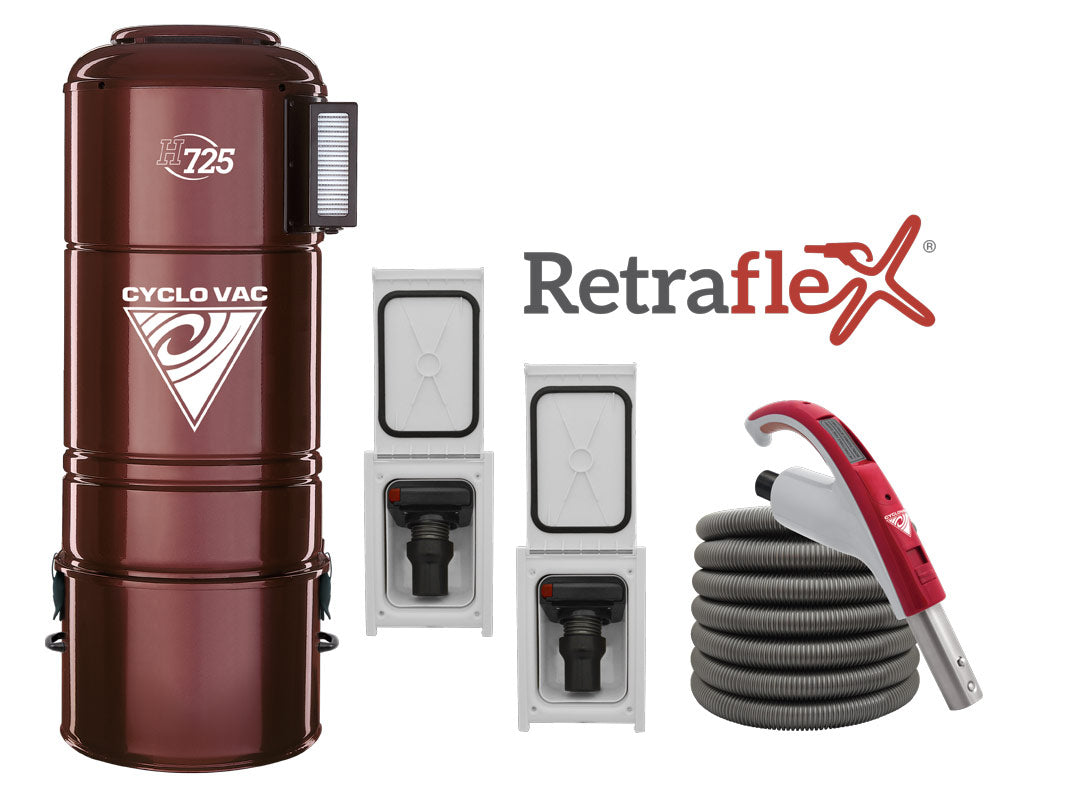 Cyclovac H725 with 2 Retraflex retractable hose inlets including attachments and the installation kit - Super Vacs