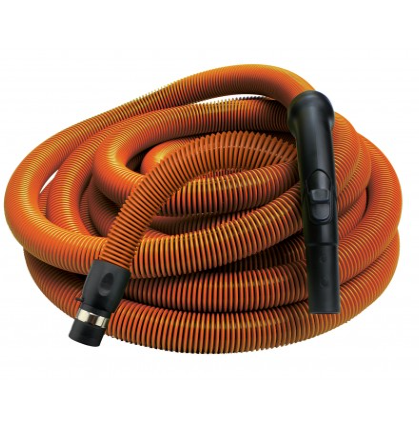 Central Vacuum Hose - 30' (9 m) - 1 1/4" (32 mm) dia - Orange - Black Plastic Curved Handle - Super Vacs Vacuums