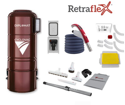 Combo Retraflex - Central vacuum H925 Diplomat Hybrid with 1 Retraflex retractable hose inlet including attachments and the installation kit (40Ft,50Ft Hose) - Super Vacs Vacuums