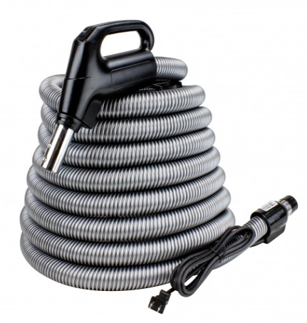 Electric Hose for Central Vacuum - 30' (9 m) - 1 1/4" (32 mm) dia - Silver - Gas Pump Handle - On/Off Button - Power Nozzle Compatible - Button Lock - Plastiflex SZ902114030BCU - Super Vacs Vacuums