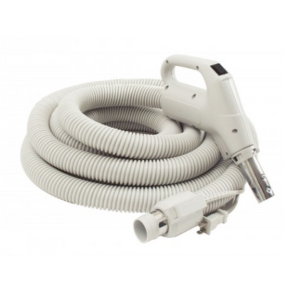 Electric Hose for Central Vacuum - 30' (9 m) - 1 1/4" (32 mm) dia - Grey - Gas Pump Handle - On/Off Button - Power Nozzle Compatible - Button Lock - Plastiflex SZ130114030BCU - Super Vacs Vacuums