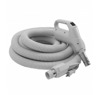 Electric Hose for Central Vacuum - 30' (9 m) - 1 1/4" (32 mm) dia - Grey - Gas Pump Handle - On/Off Button - Power Nozzle Compatible - Button Lock - Plastiflex SZ130114030BCU - Super Vacs Vacuums