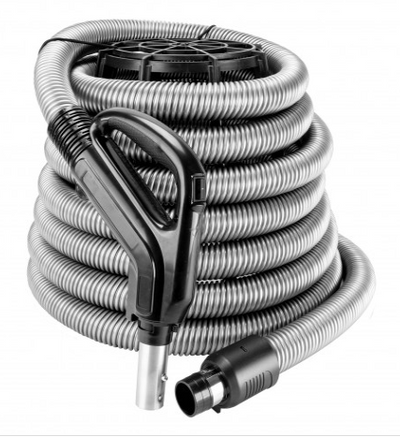 Hose for Central Vacuum - 30' (9 m) - 1 3/8" (35 mm) dia - Silver - Ergonomic Handle with Foam Grip and 360° Swivel - On/Off Button - Button Lock - Super Vacs Vacuums