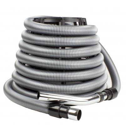 Hose for Central Vacuum - 30' (9 m) - Silver - Straight Handle - Button Lock - Flexible - Strong - Super Vacs Vacuums