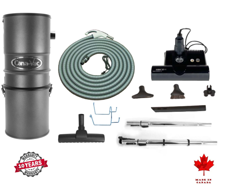 Canavac Ethos CV700 with SEBO Standard Central Vacuum Kit with ET-1F2 12" Power Head Designed for Hard Floors and Low-High Pile Carpeting (30Ft, 35Ft Hose) - Super Vacs Vacuums