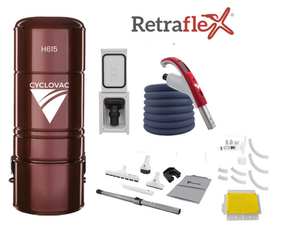 Combo Retraflex - Central vacuum H615 with 1 Retraflex retractable hose inlet including attachments and the installation kit - Super Vacs Vacuums